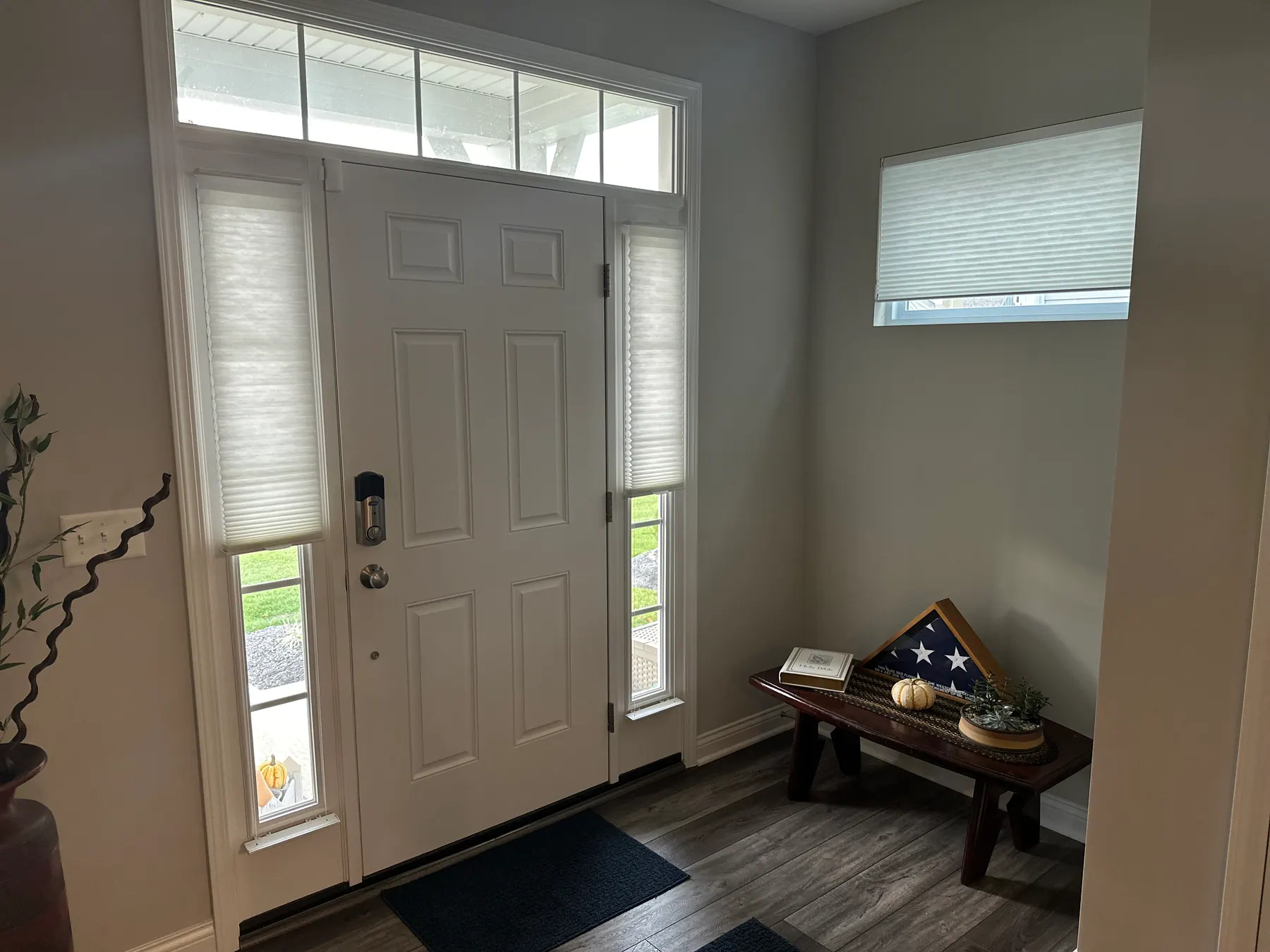 Slim cellular shades on both sidelights of a white front door, with a matching shade on a high window in the entryway.