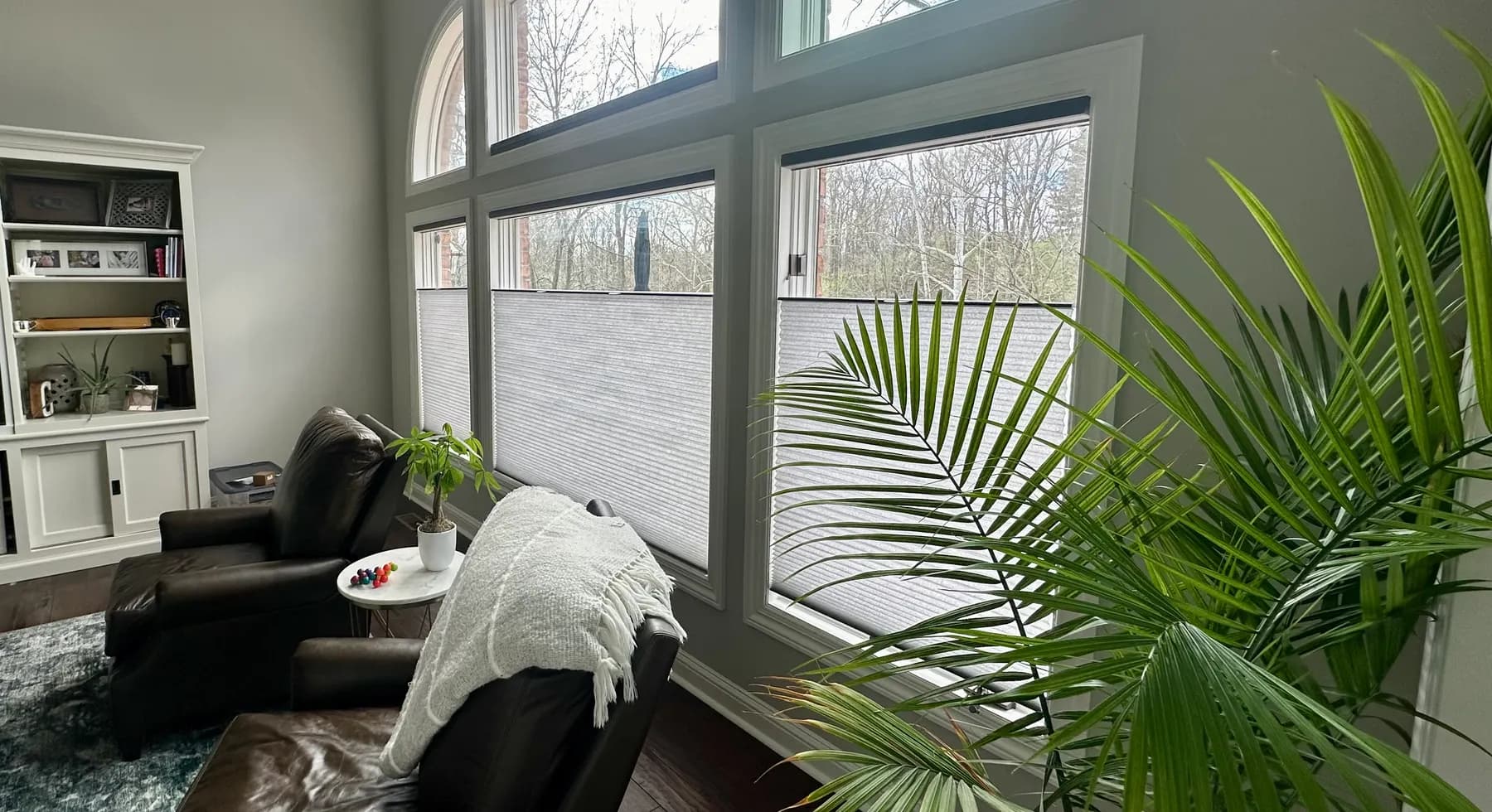 Top-down bottom-up cellular shades raised from the sill on a wall of tall windows in a living room, leaving the upper glass clear.