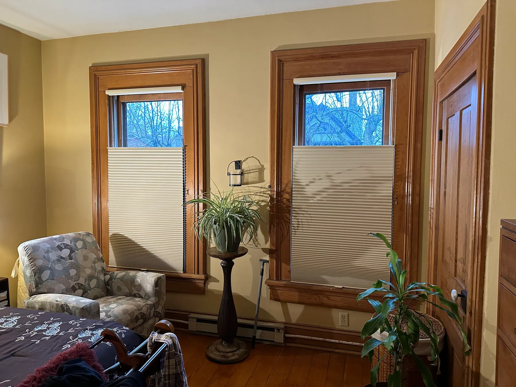 Top-down bottom-up cellular shades covering the lower half of two wood-trimmed windows in a bedroom, with sky visible above.
