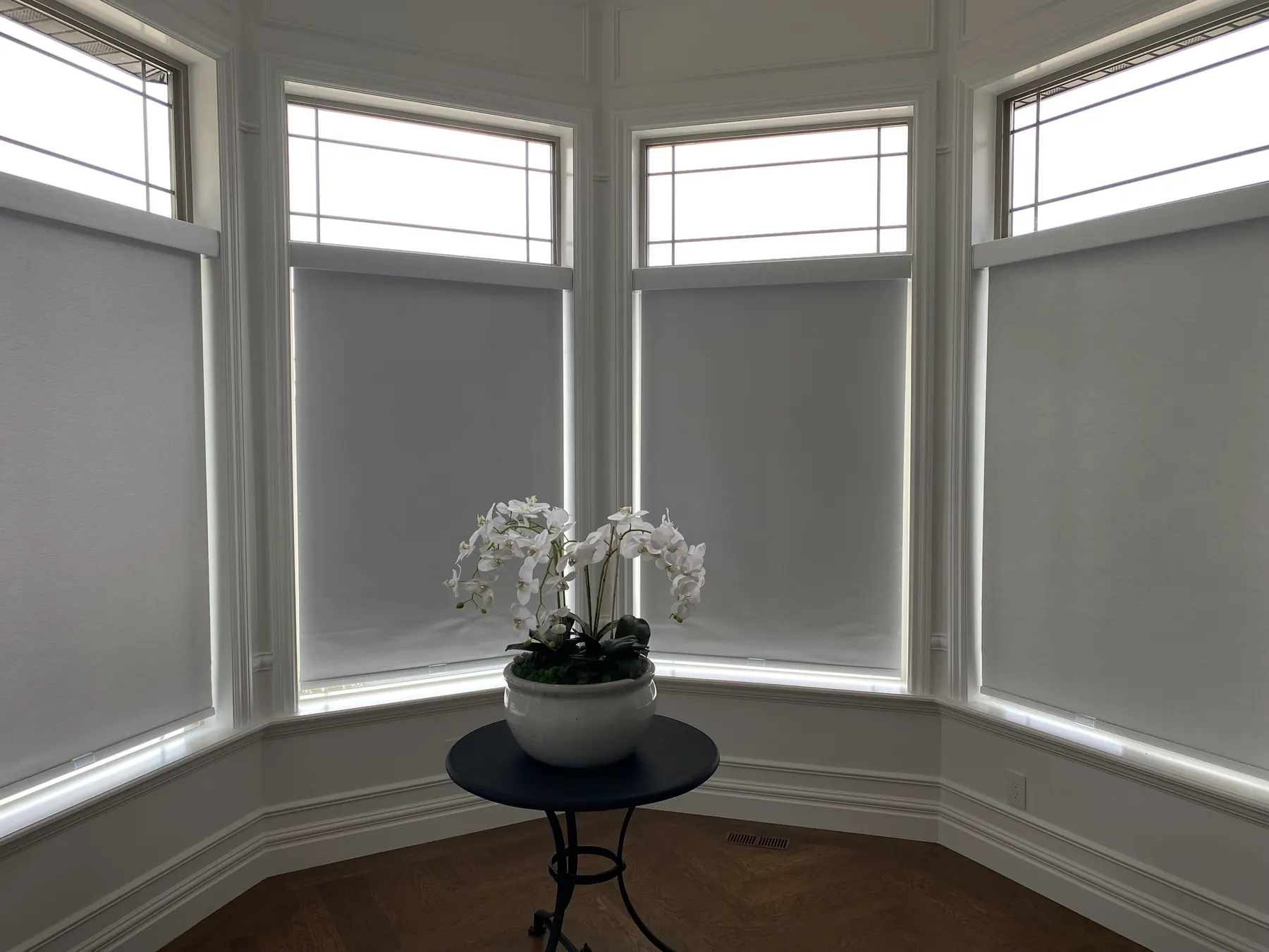 Light roller shades lowered in each window of a bay, with gridded transom windows left uncovered above.