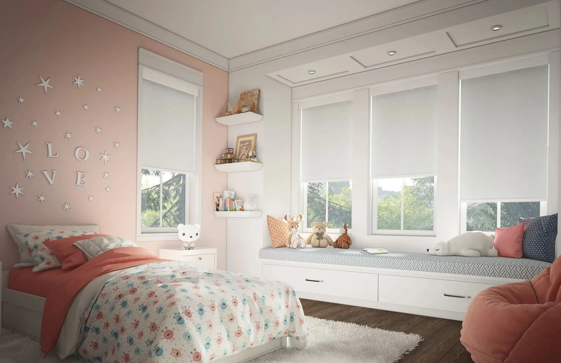 White roller shades on the windows of a pink child's bedroom with a window seat.