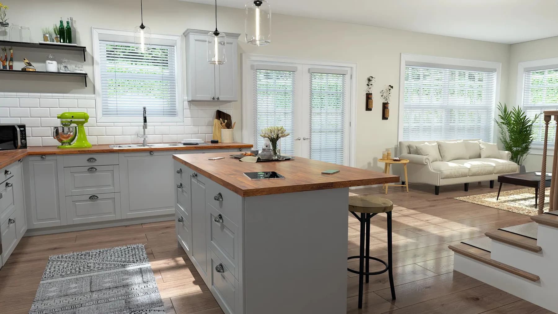 White wood blinds on the windows and French doors of an open kitchen with a butcher-block island.